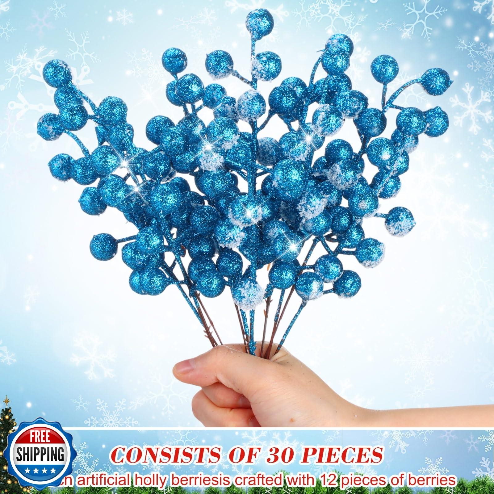 Geosar 30 Pieces Artificial Christmas Berry Picks with Snowflake Glitter Arti