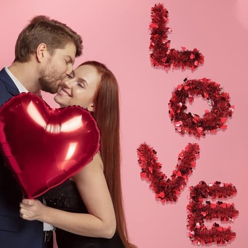5Pcs 33Ft Valentine’s Day Tinsel Garland, Red Heart Metallic Tinsel Twist