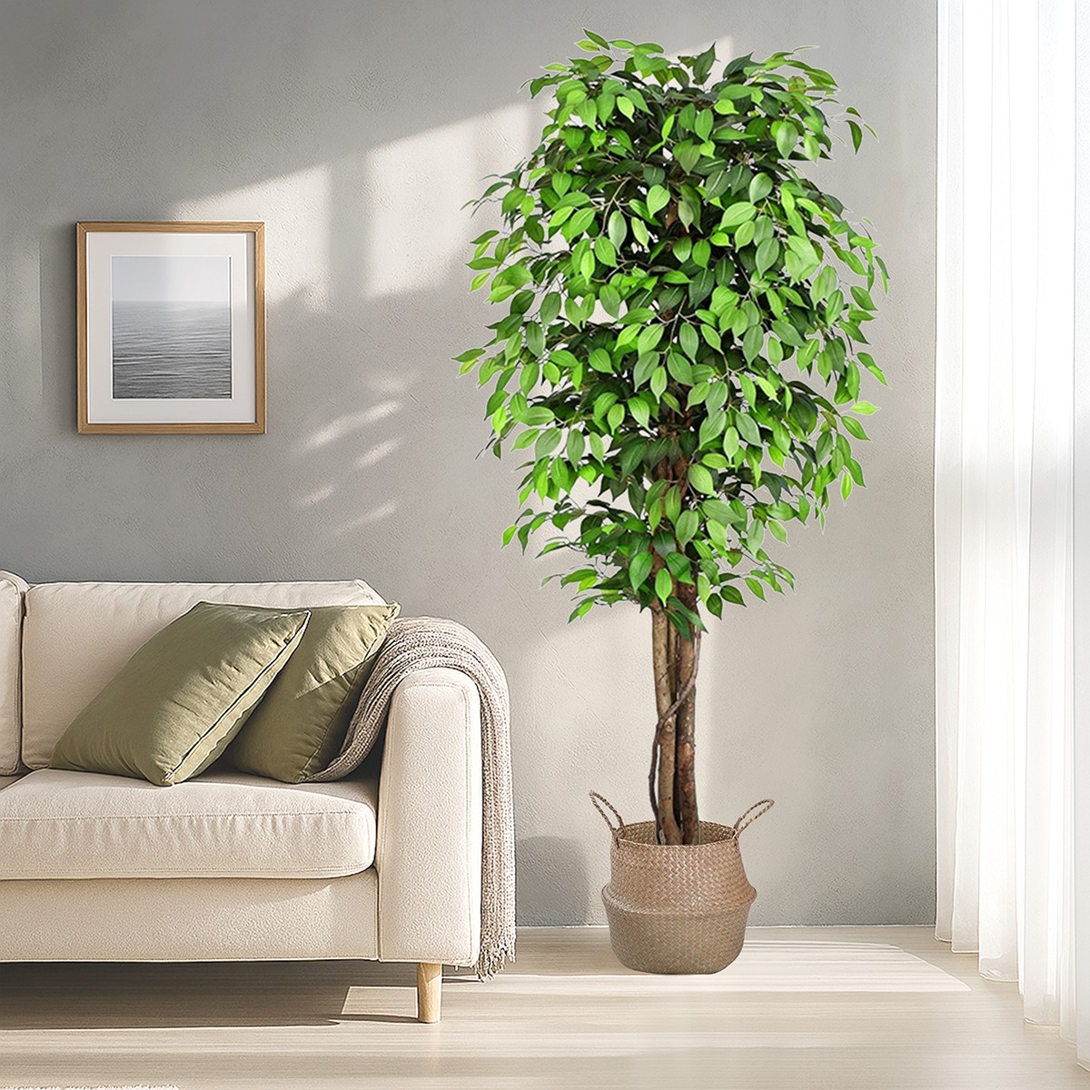 Artificial Ficus Tree with Plant Pot, Silk Fake Ficus Tree in Plastic
