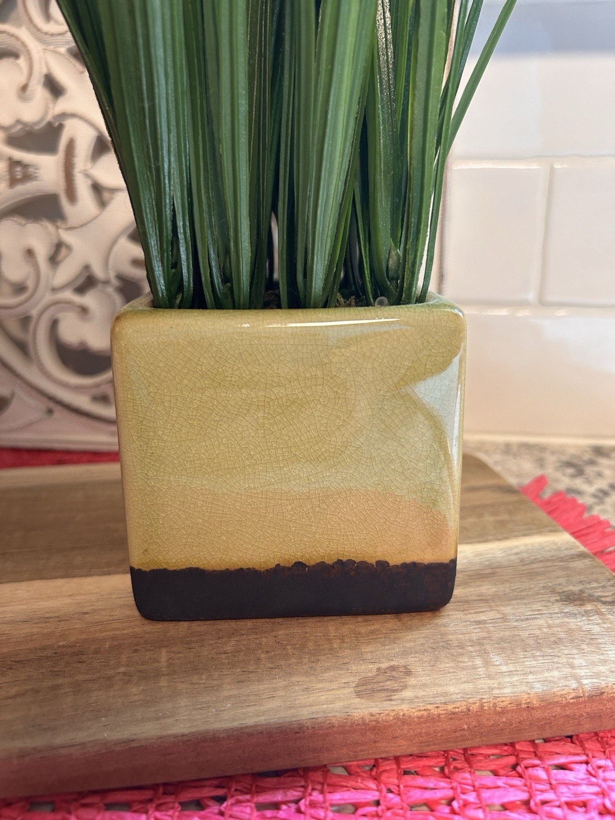 Faux Grass Houseplant, Square Ceramic Planter Pot 9 3/4” tall