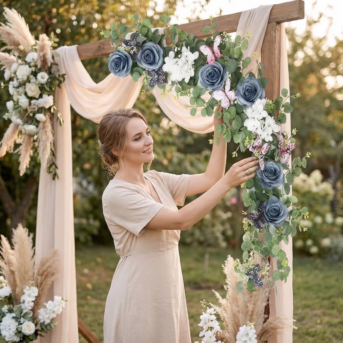 Artificial Eucalyptus Garland with Roses and Butterflies, Faux Hanging Vine G…