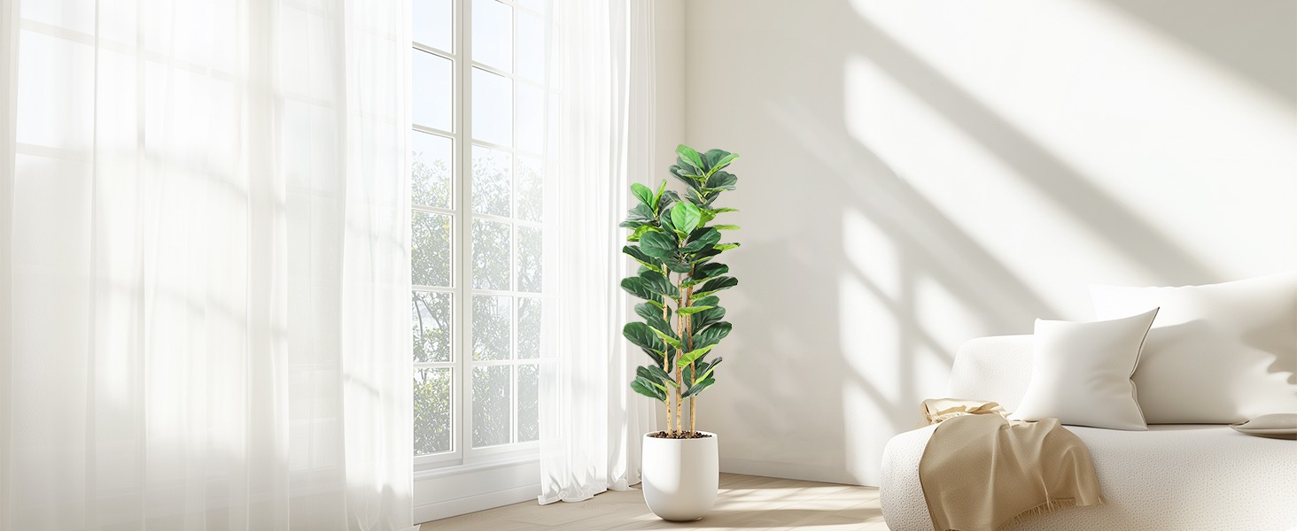 7ft Faux Fiddle Leaf Fig Tree with White Planter, Floor Fake Plants, Realistic