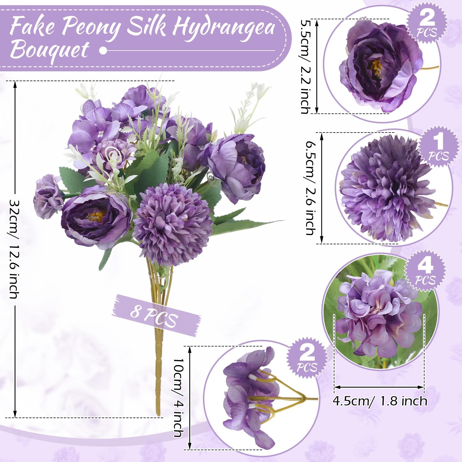 8 Pcs Peony Artificial Flowers Fake Silk Hydrangea Bouquet Elegant Peony Flow…
