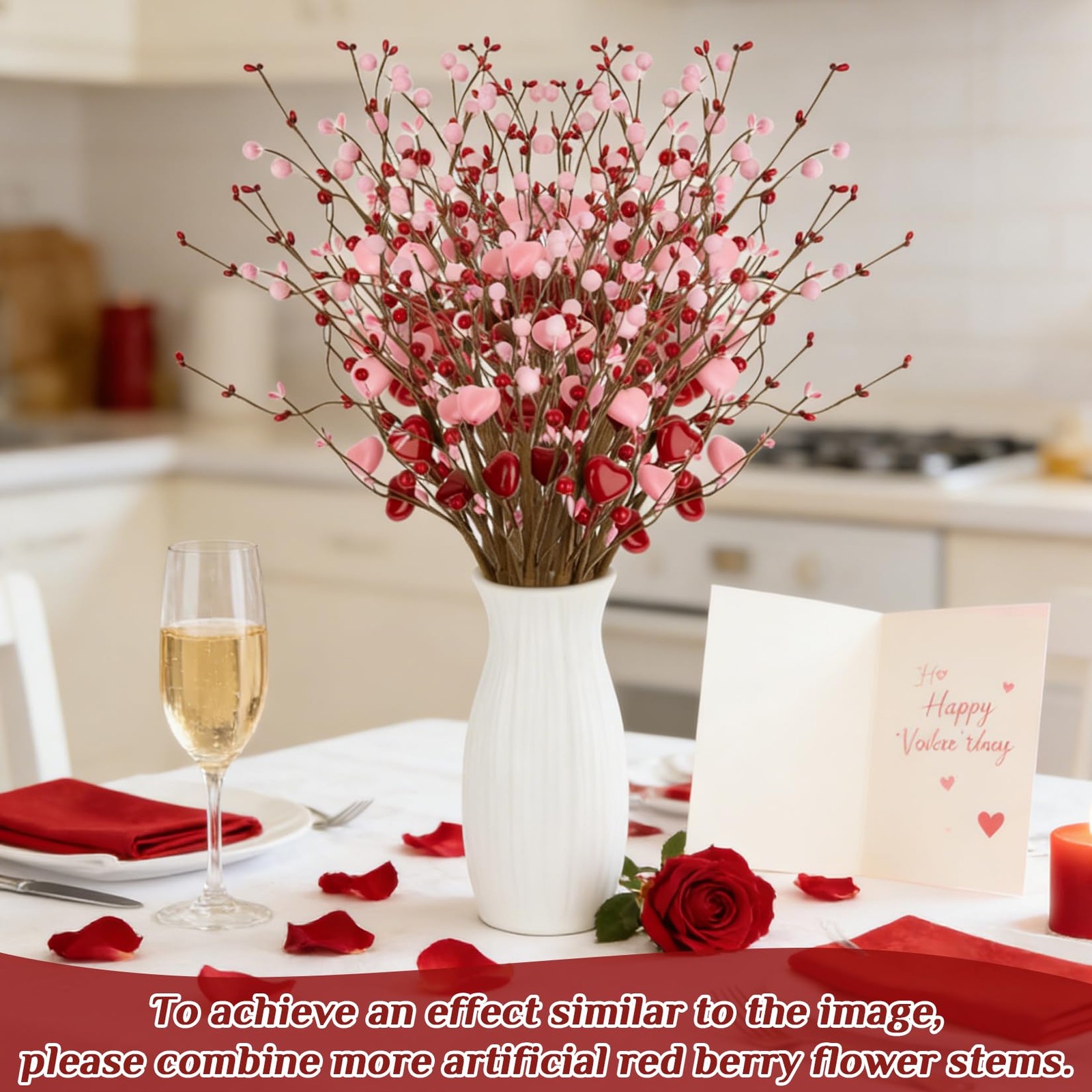 6 Pcs 16.5in Slim Valentines Day Decorations Heart Berry Stems Floral Decor
