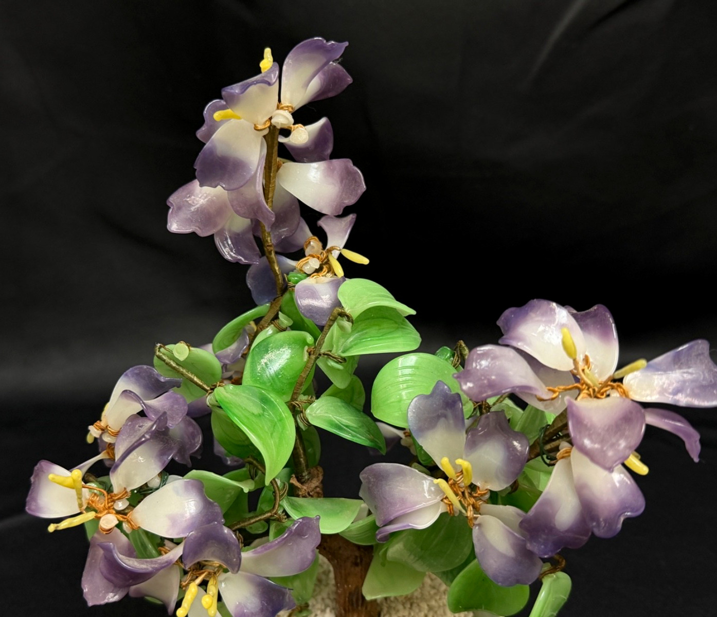 Vintage Jade & Glass Handmade Bonsai Tree Purple & White Flowers 11”