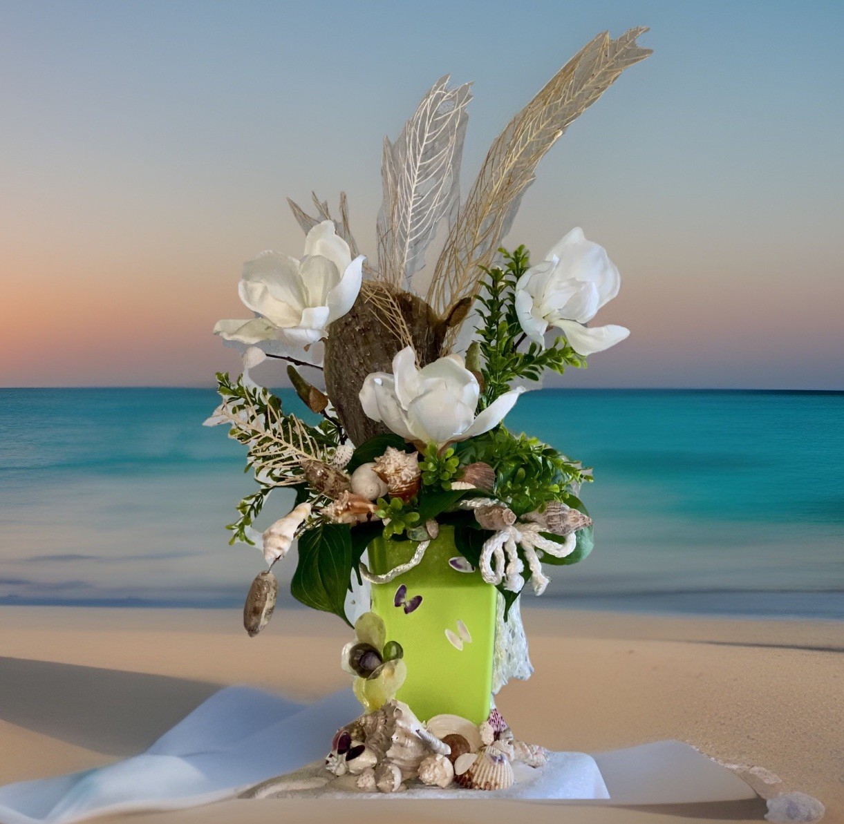 Seashell 23” Floral Arrangement, Sea Shell Vase, Flowers, Nautical, Flowers