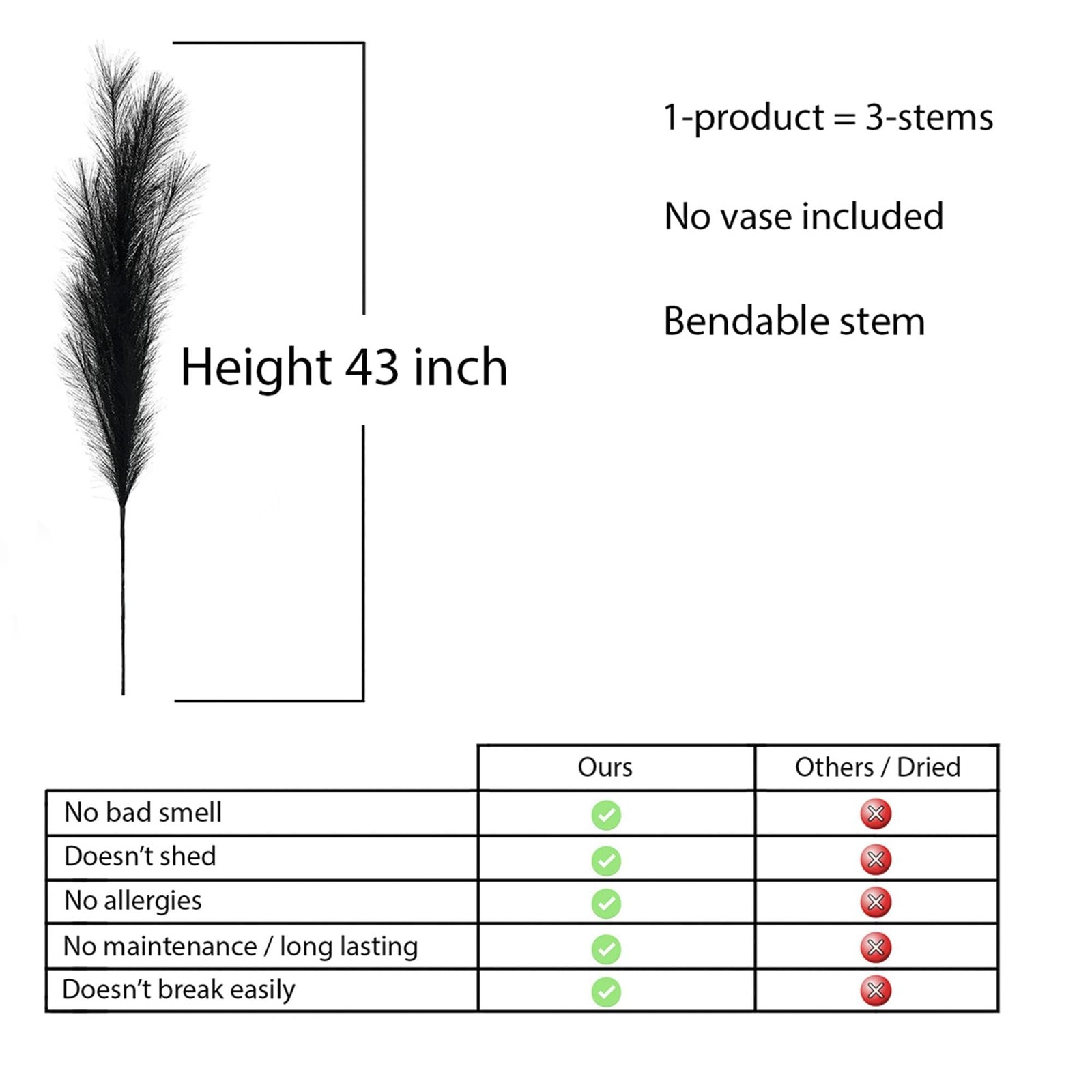 43 Inch Black Pampas Grass Decor Tall 3 PCS Artificial Faux Floor Vase