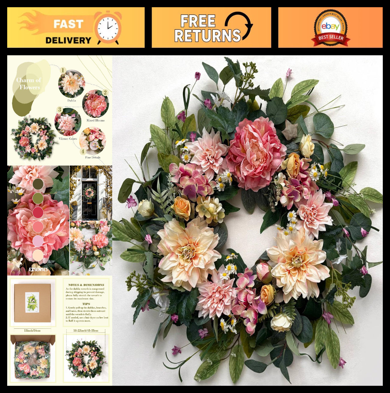 18″ Artificial Floral Wreath – Dahlia, Peony & Daisy for Front Door, Home Décor