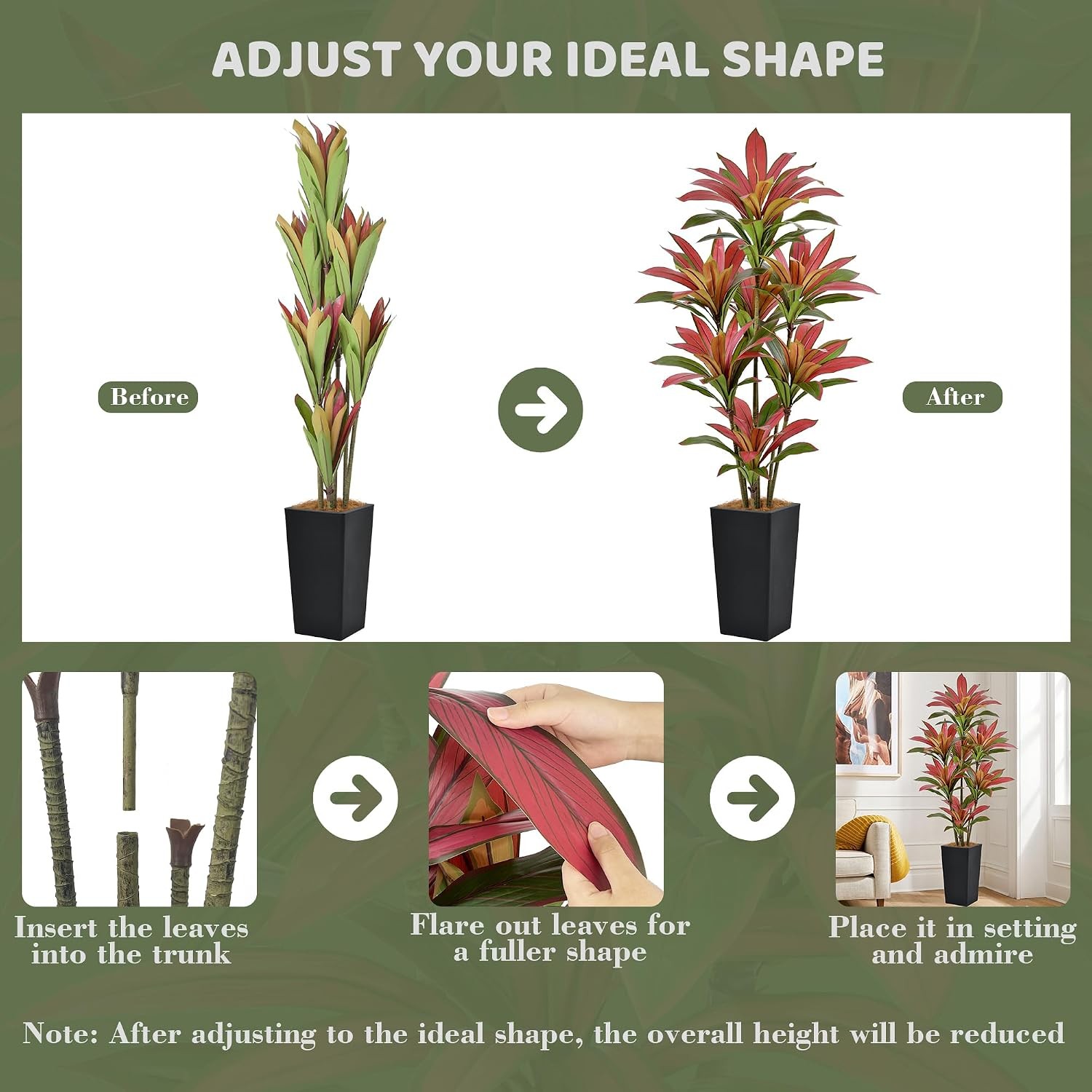 Artificial Red Dracaena Tree 6FT with 114 Leaves & 7 Heads & Black Tall Planter