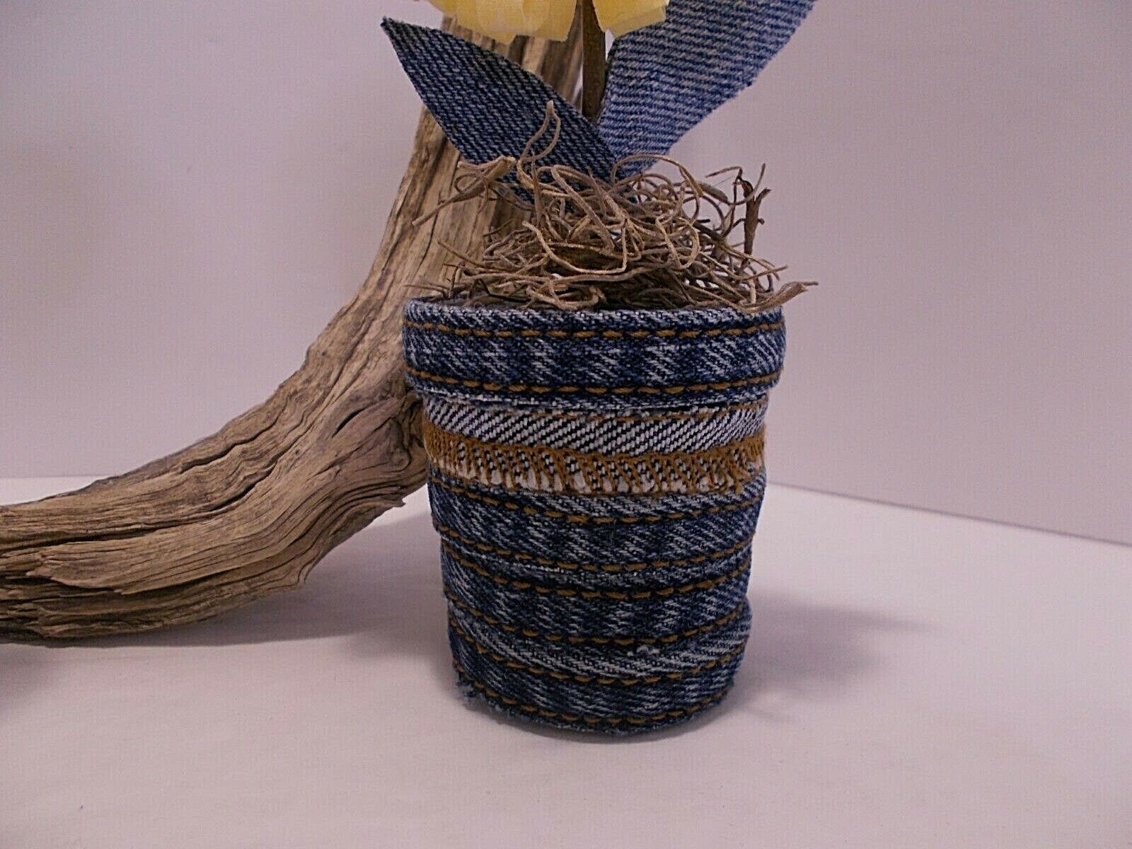 Fabric and Denim Sunflowers in Tiny Denim and Zipper Vases Set of 2 Handcrafted