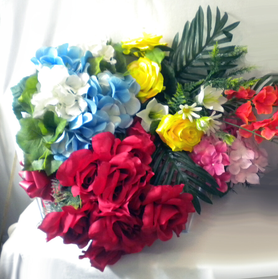 4 Bright Pink, Yellow, Red & Blue Artificial Cloth Floral Bouquet Sets New