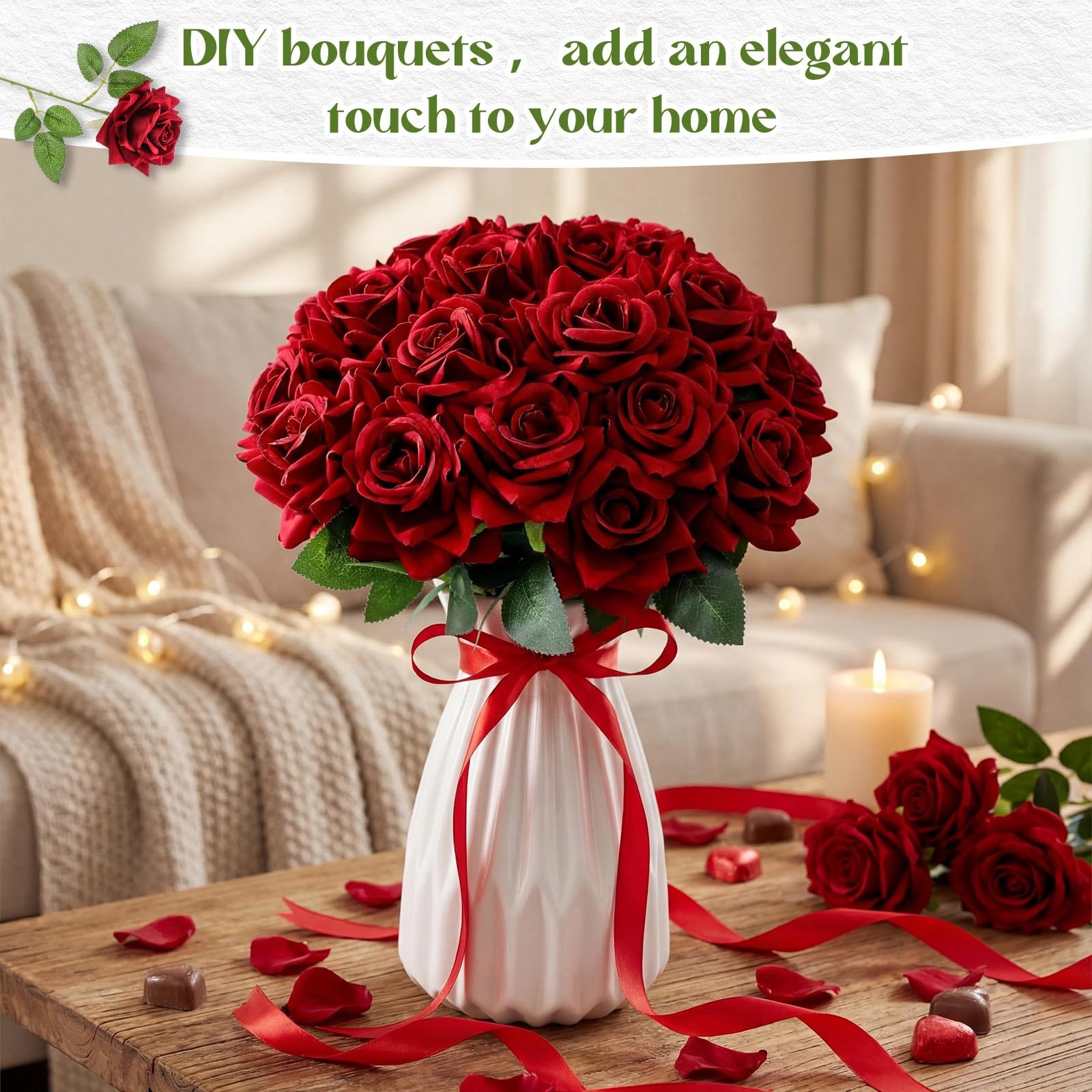 20 PCS Red Roses Artificial Velvet Flowers Fake Silk Rose Faux Floral Bouquet
