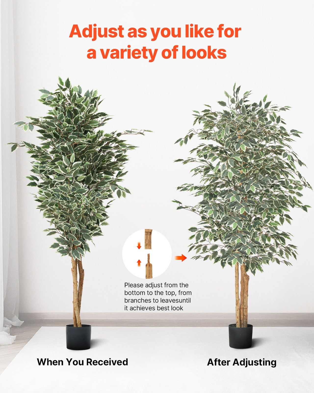 VEVOR 6FT Artificial Ficus Tree Tall Faux Plant with Black Pot for Indoor Decor