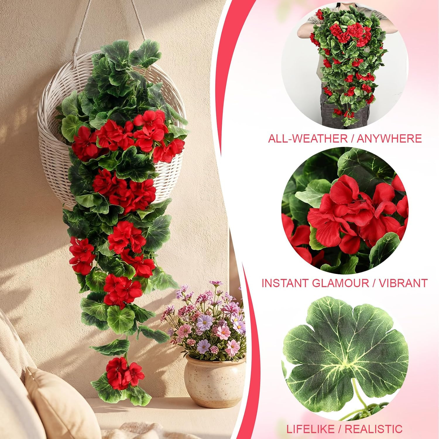 4 Pack Red Artificial Geraniums for Home, Garden, Wedding & Patio Decor