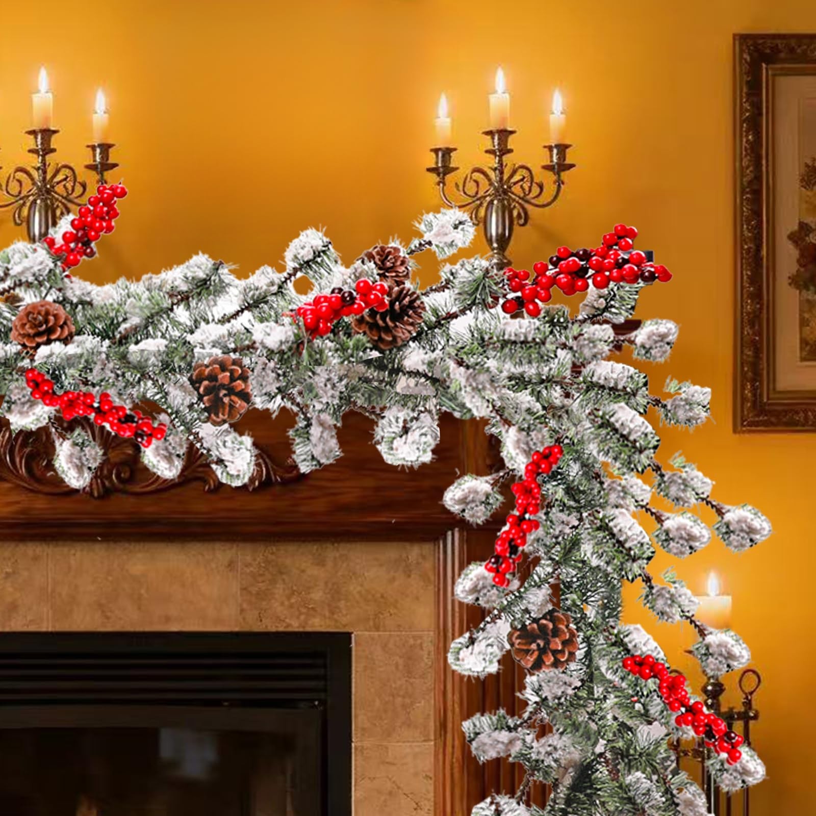 6ft Frosted Evergreen Christmas Snowed Pine Garland – Red Berries and Pinecon…