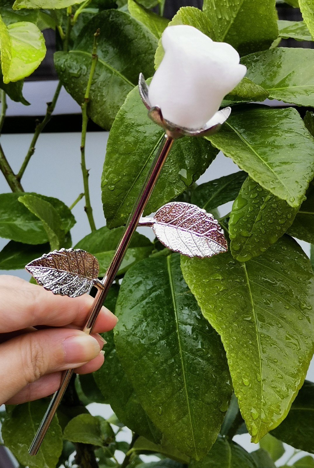 Pink Opal and White Jade rose with silver stem , Decorative Collectible