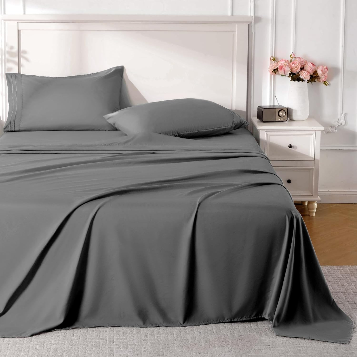Dark Grey Queen Sheet Set, 4 Pieces Soft Bedding Queen Sheet Set, Breathable and