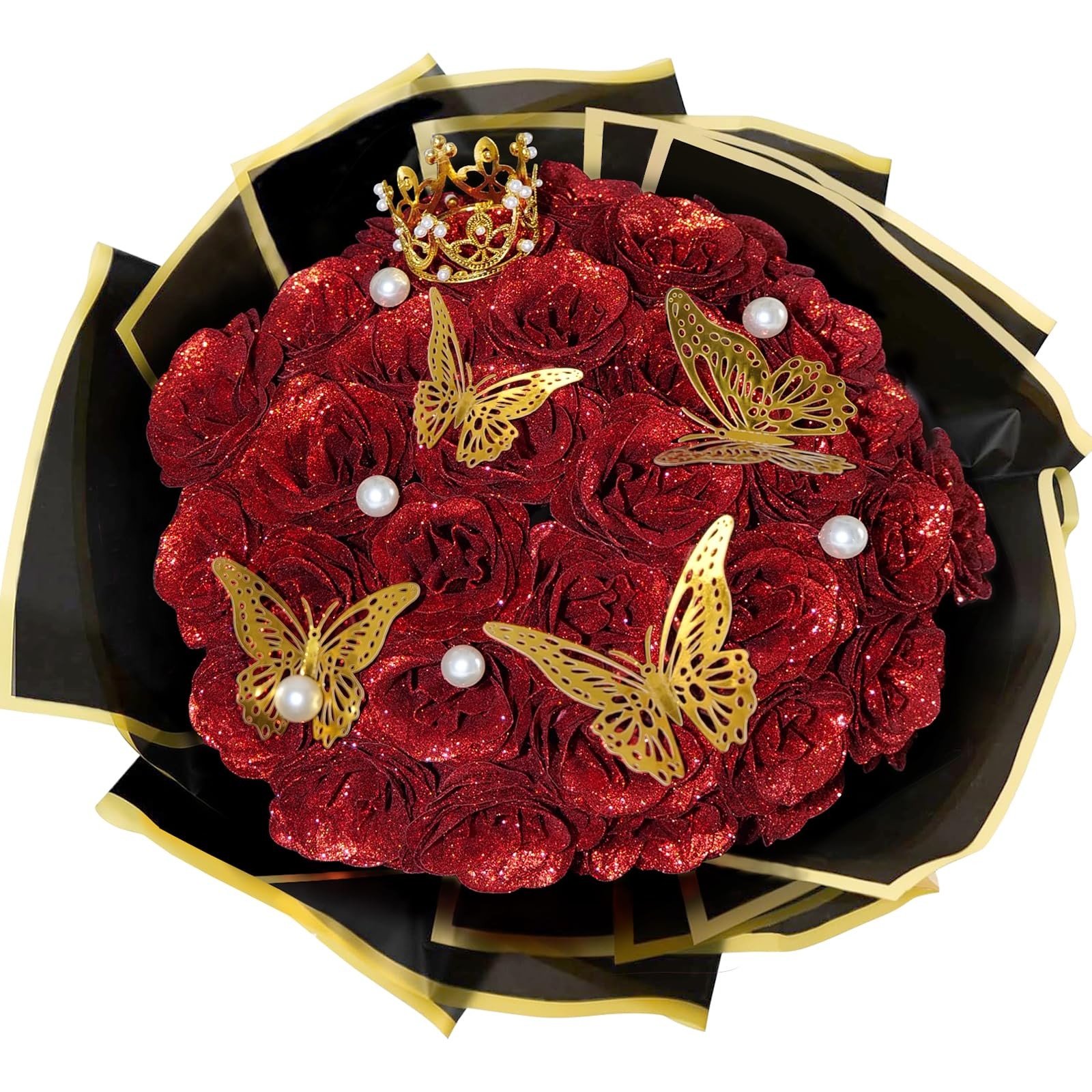 Red Glitter Roses Bouquet, 36 Pcs Shiny Glitter Flowers Bouquet, Everlasting …
