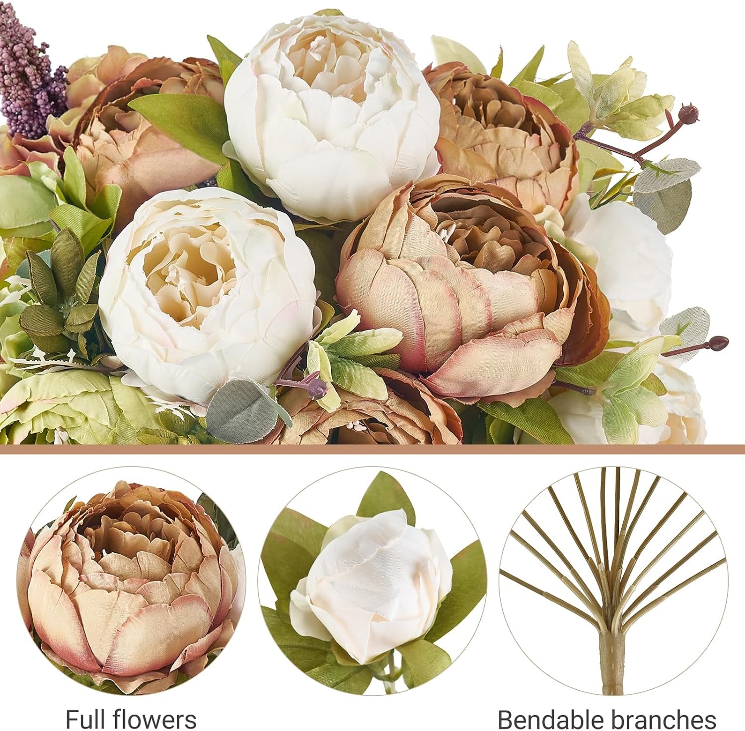 Peonies Artificial Flowers, 2 Packs 13 Stems Faux Peony Flowers Real Touch