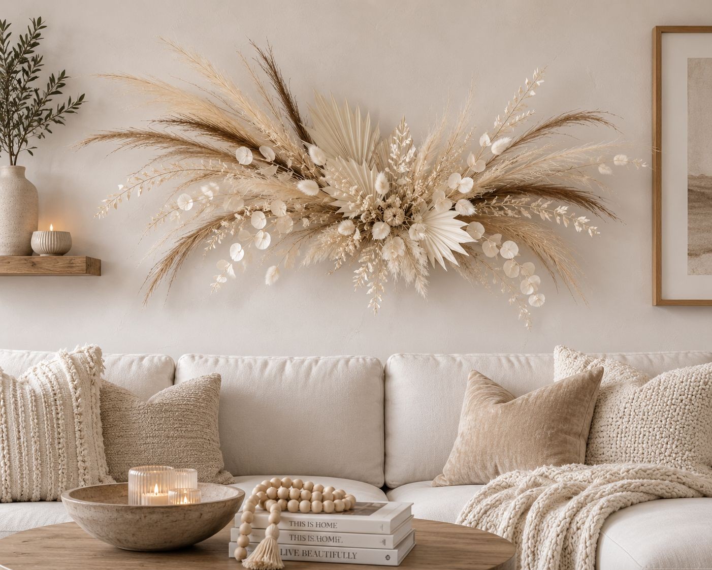 42 Piece Faux Pampas Grass Set Neutral Pampas Stems Beige Cream Taupe Brown Boho