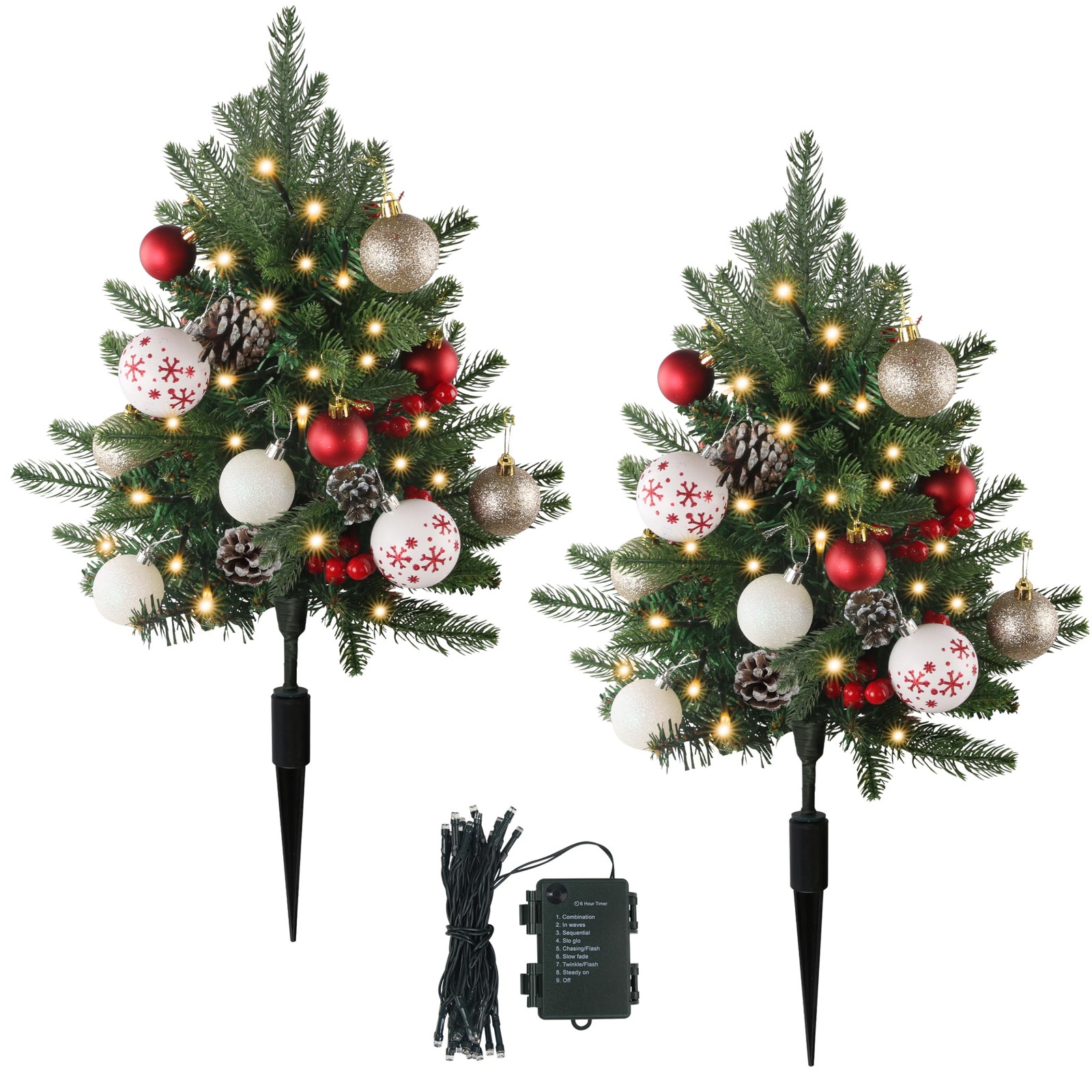 27″ Set of 2 Artificial Outdoor Christmas Trees with 60 Lights, Faux Xmas Tre…