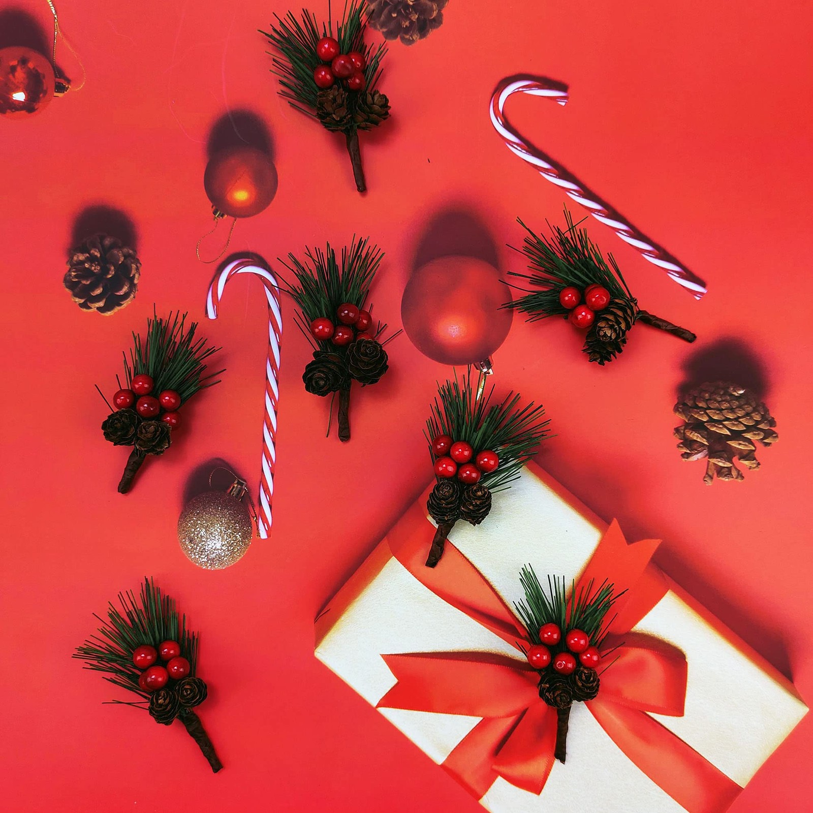 Artificial Pine Picks Small Tree Plants Red Pinecones Christmas Decor 20 PCS