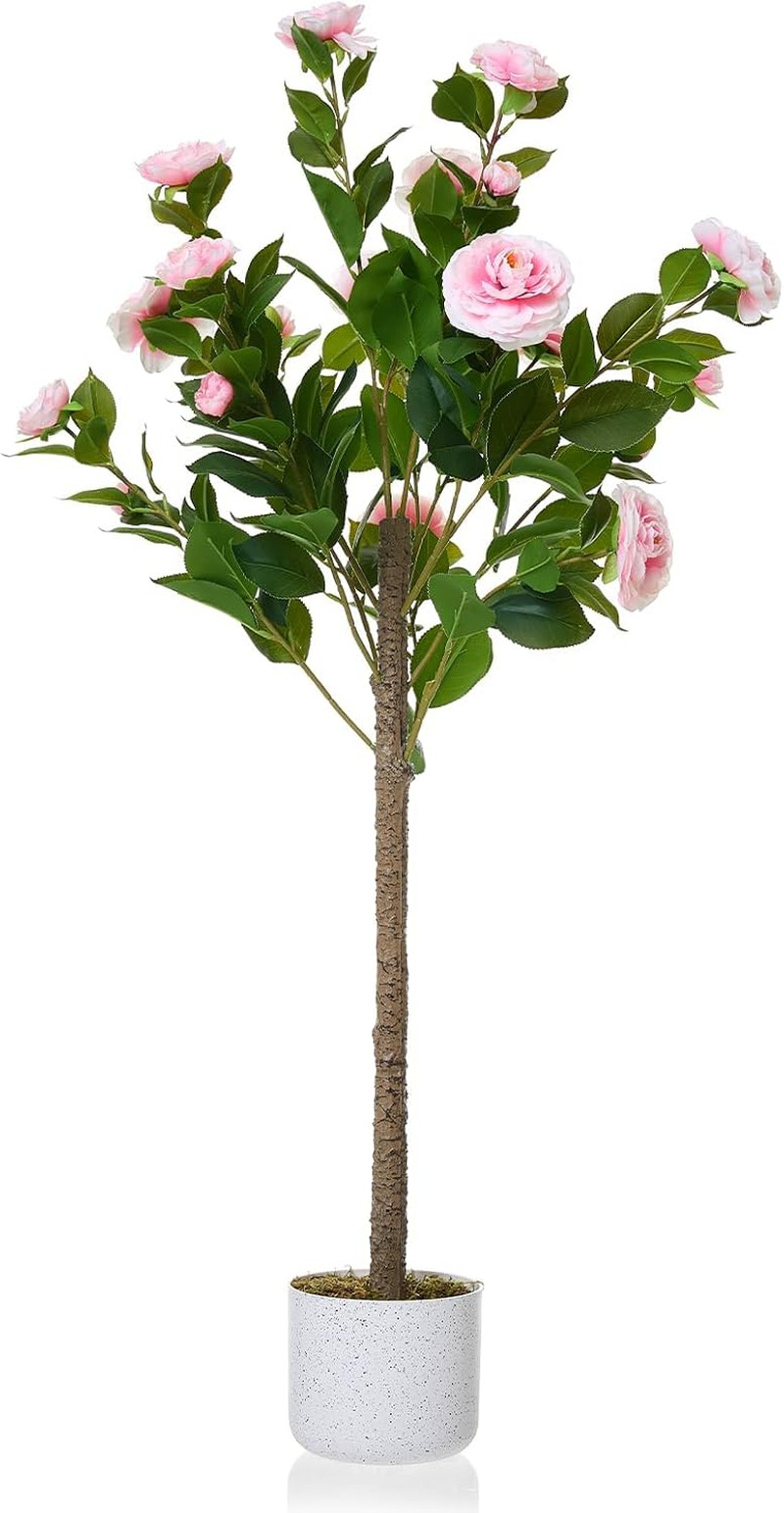 3.6FT Faux Camellia Tree with 20 Pink Flowers for Home and Office Decor