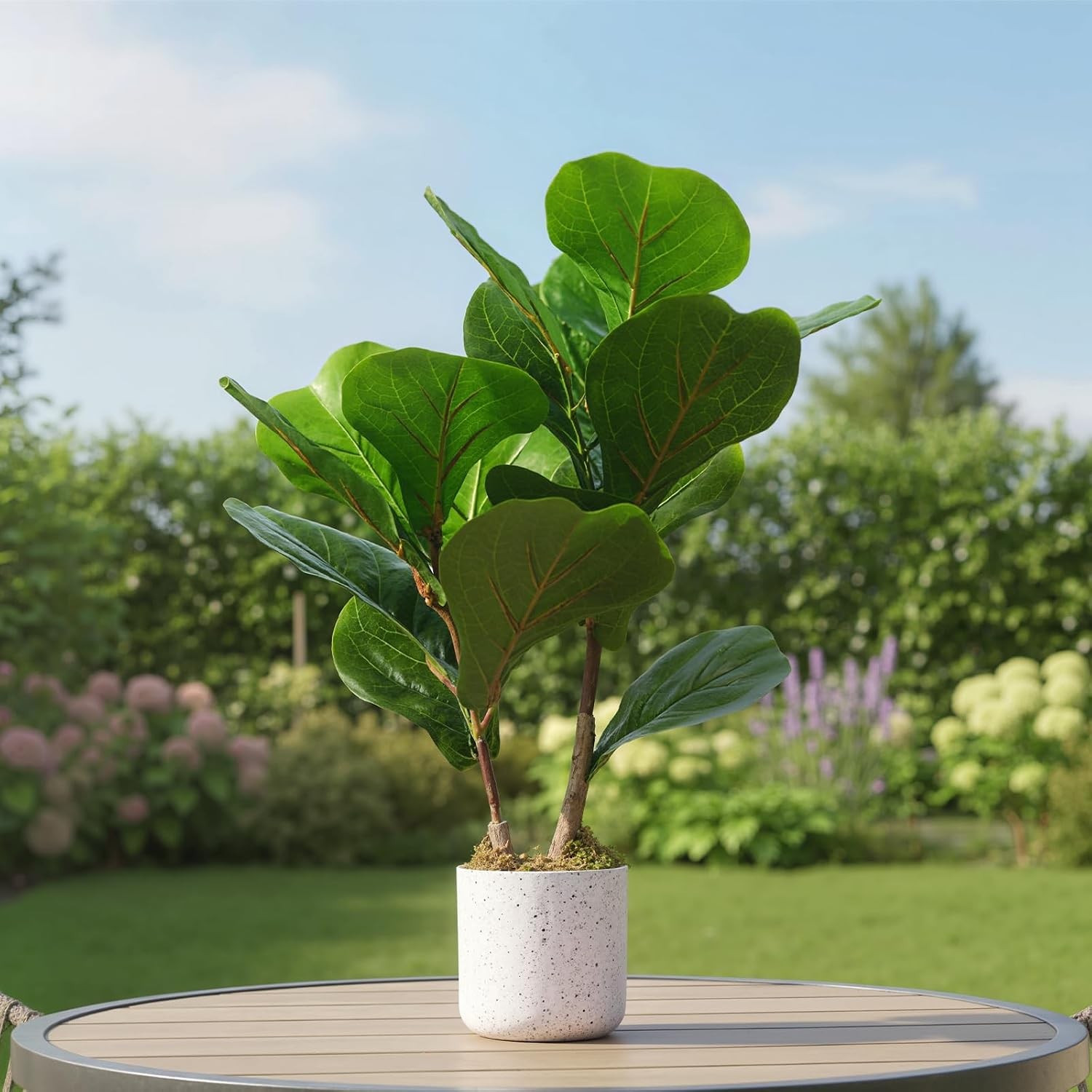 2 Pack Faux Fiddle Leaf Tree 15.7in White Marble Pot Cement Base Home Office