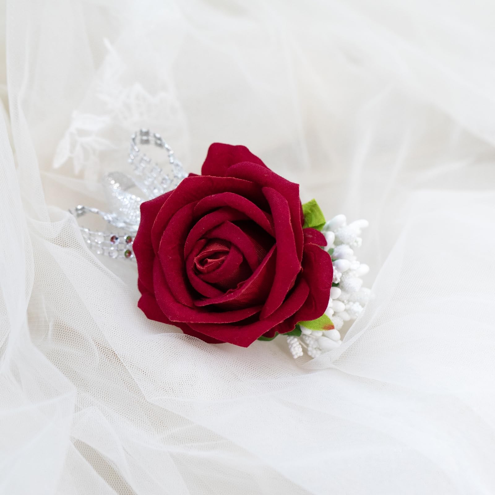 2 PCS Red Artificial Rose Corsage Wristlet Men Boutonniere Set Prom Suit
