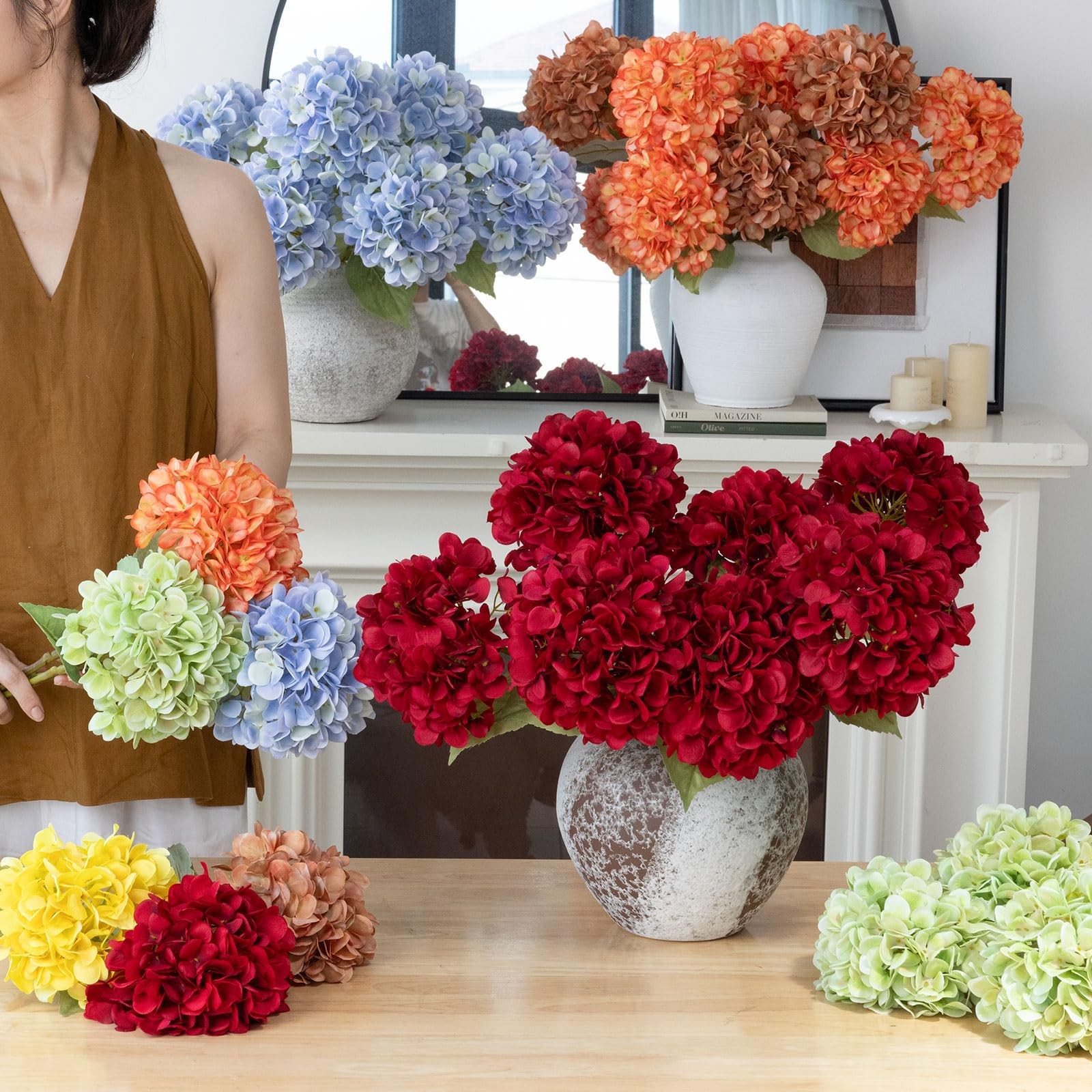 4Pcs Burnt Orange Artificial Hydrangeas Flowers Large Fake Silk Hydrangea Flo…