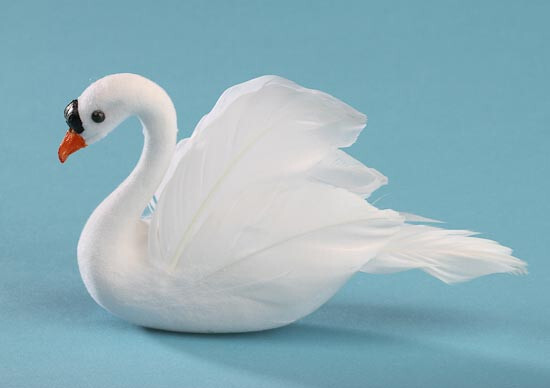Package of 12 Artificial White Flocked 5″ Swans with Feathered Accents