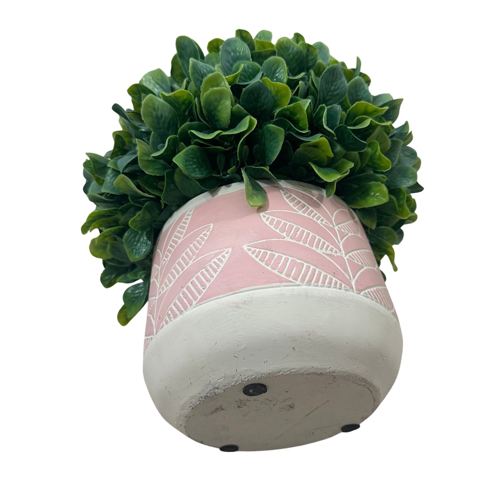 Artificial Boxwood Topiary Ball in Pink Etched Leaf Ceramic Pot 10in Green Faux
