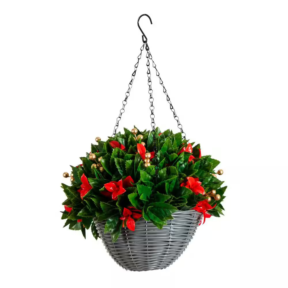 24 In. Pre-Lit UV Resistant Faux Red Tip Photinia & Gold Berries Christmas Hangi