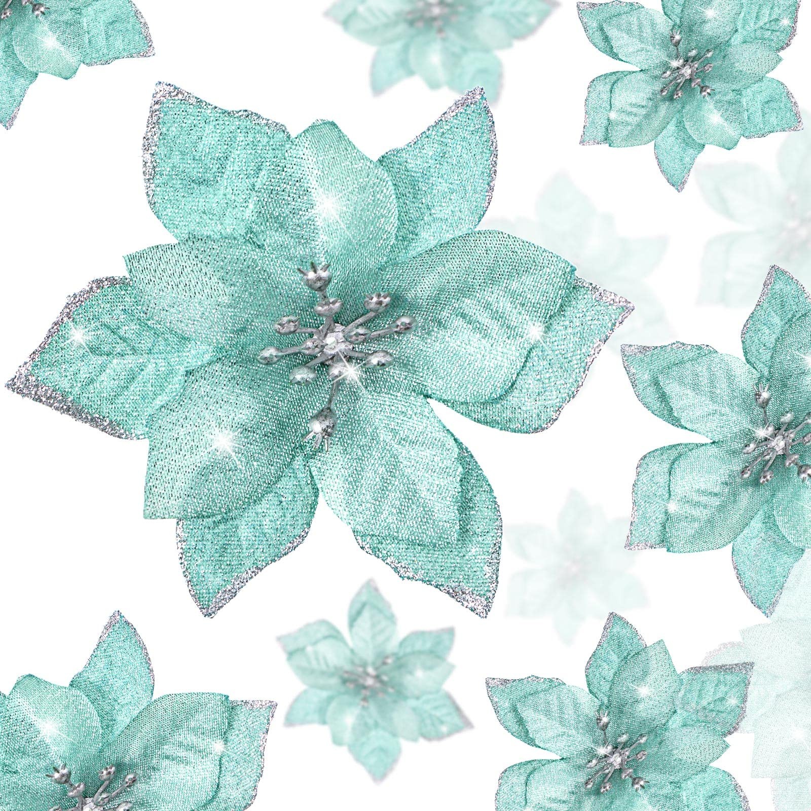 24 PCS Blue Green Glitter Poinsettia Clip-On Ornaments Christmas Tree Decor