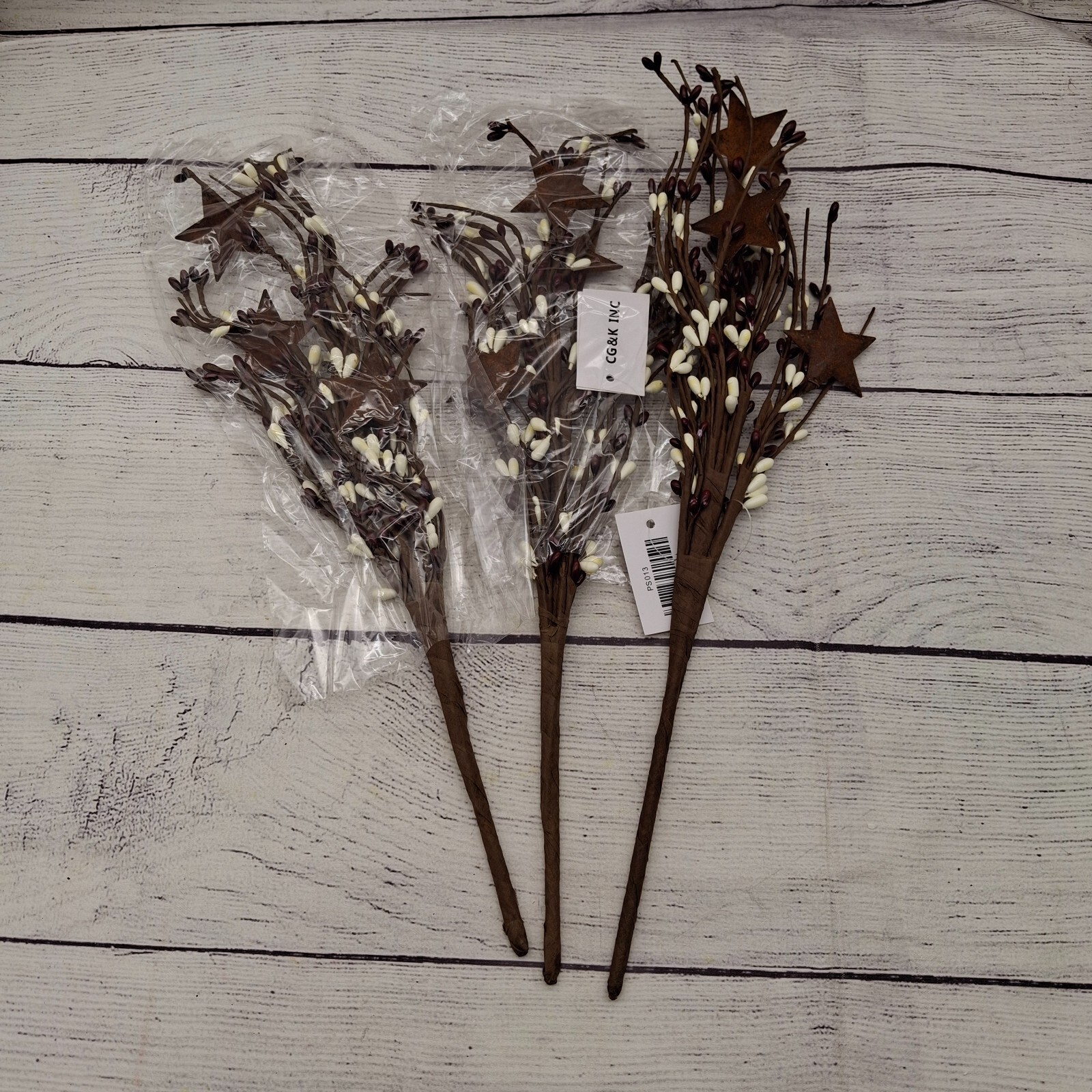3 Burgundy N White 15 inch Pip Berry n Rusty Stars Picks Sprays, Country