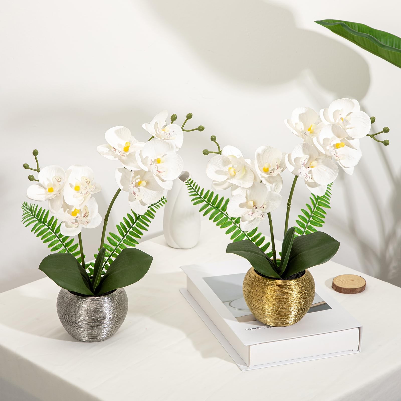 Artificial Orchid Flowers in Gold Ceramic Pot, 13″ Small White Faux Phalaenop…