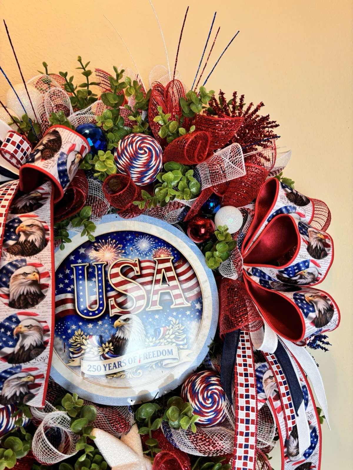 Patriotic Wreath USA Flag Red White Blue Front Door Decor American Eagle