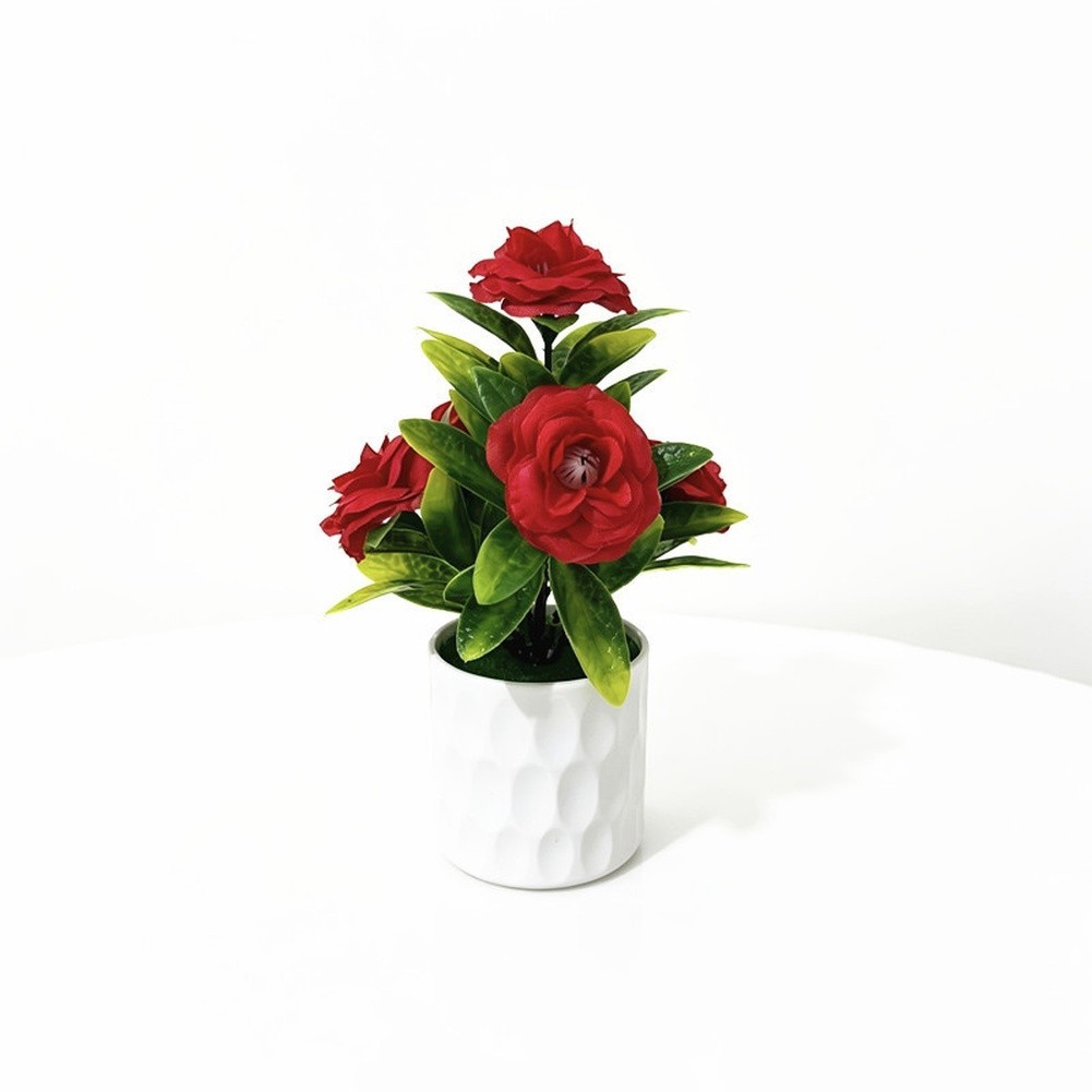 Silk Plant with 5 Realistic Blooms in White Pot for Office Desk Use