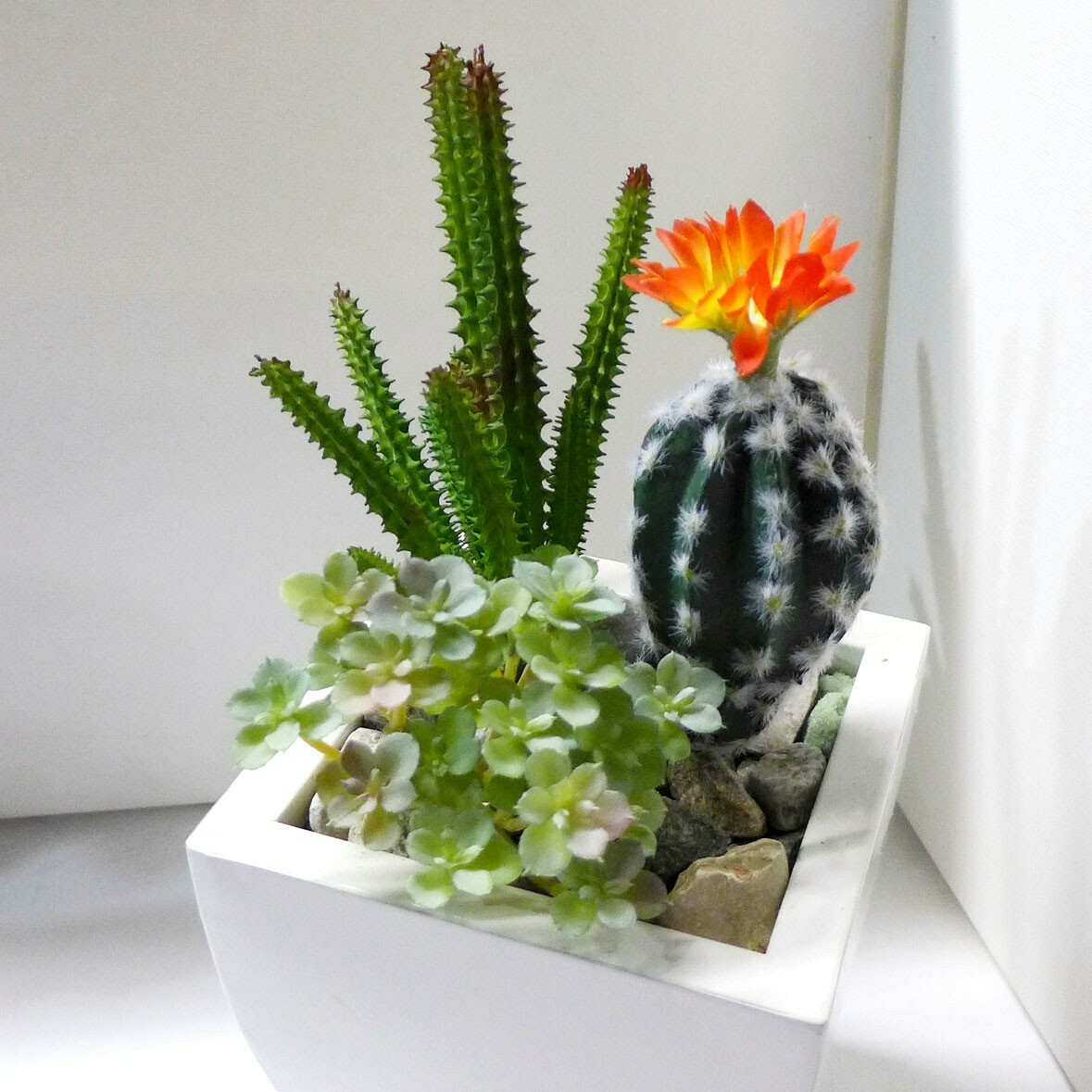3 Pcs Artificial Plants Mini Cactus Orange Flower Flocking Succulents (#103)