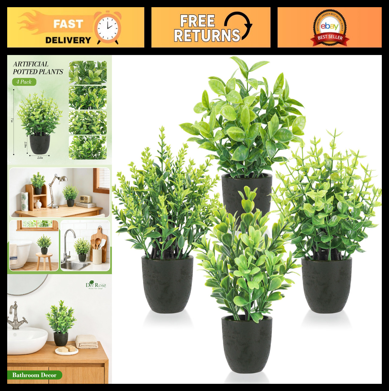 4 Pack Mini Artificial Plants in Pots – Fake Greenery Set for Home, Office, Bath