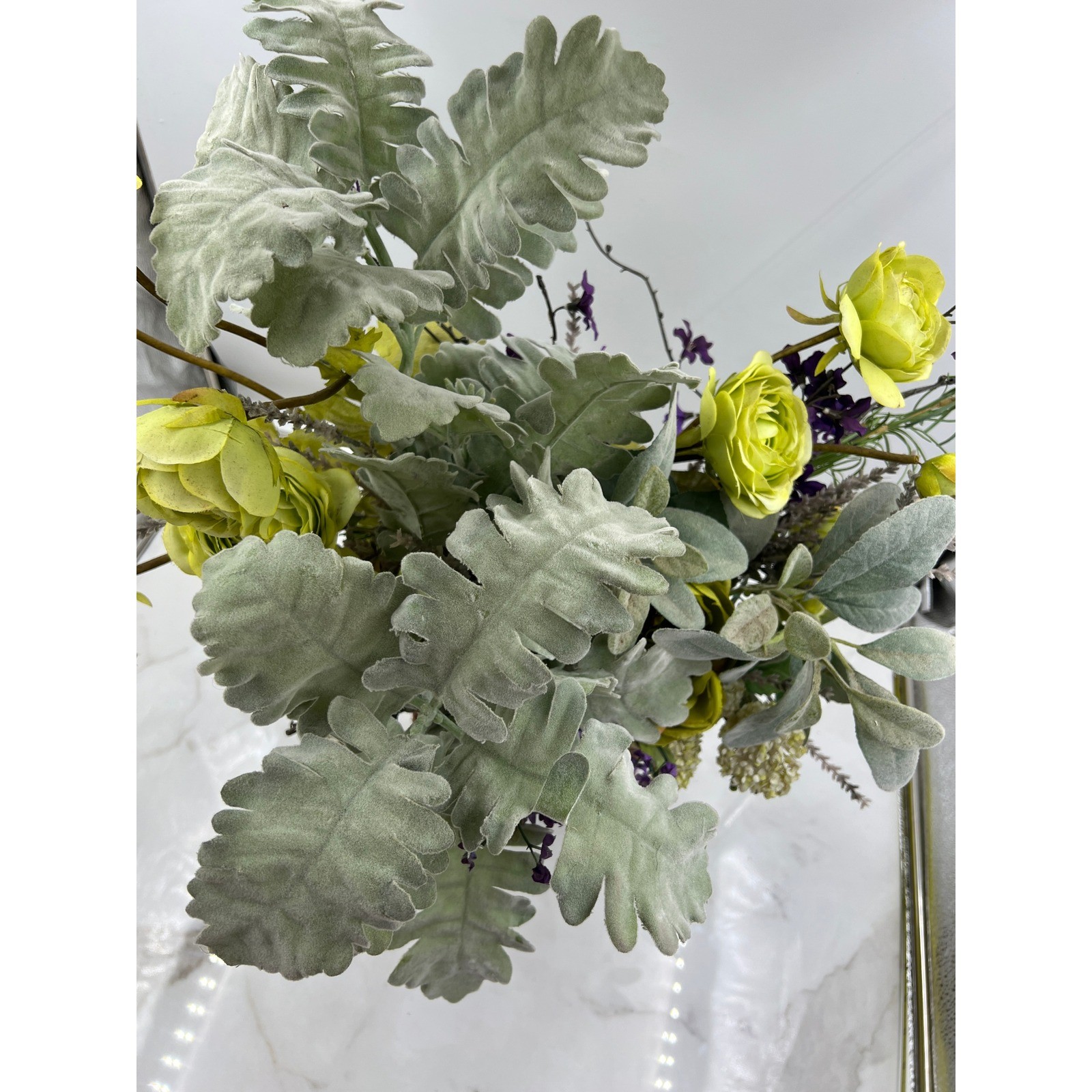 Artificial Lime Green Ranunculus & Purple Floral Arrangement in Wicker Basket