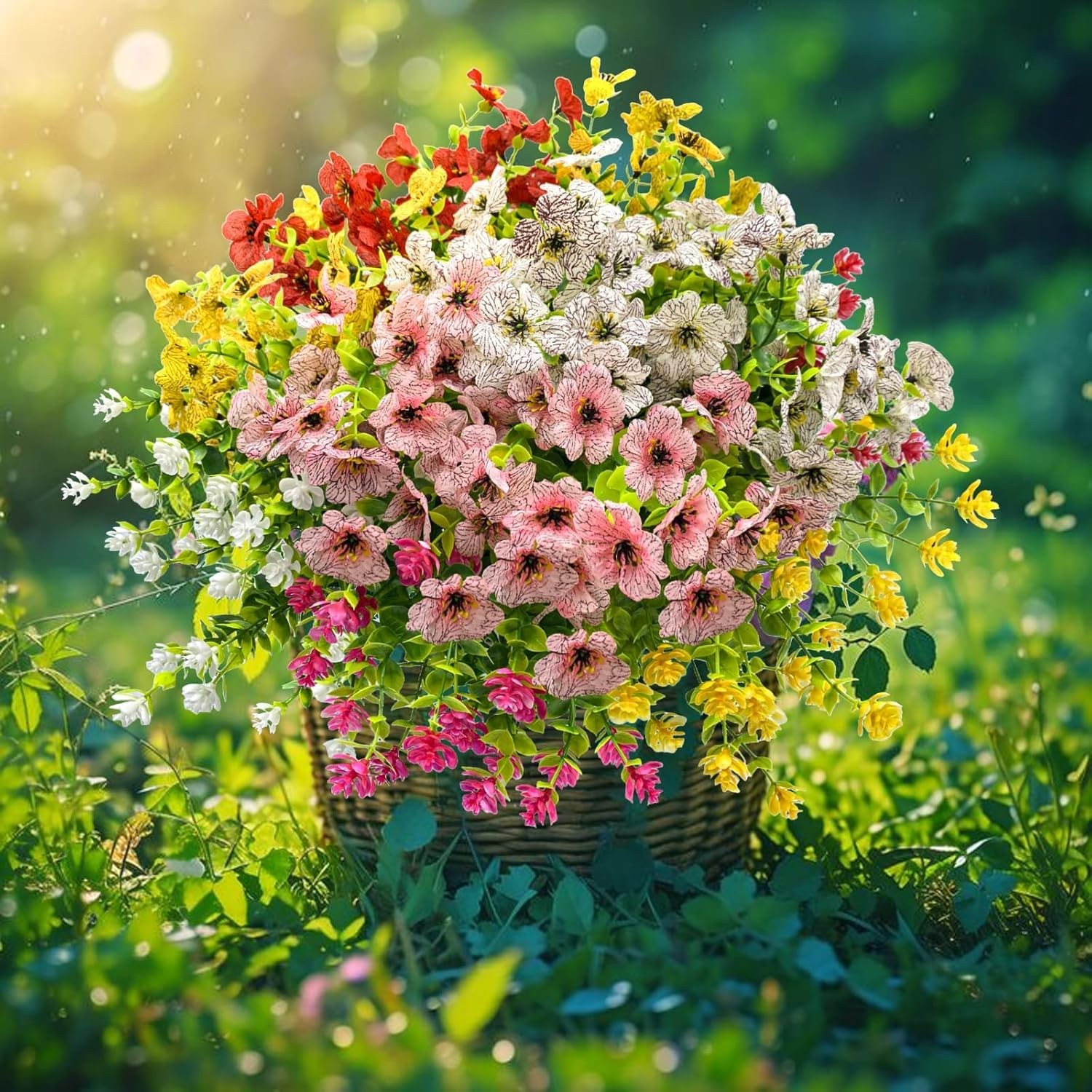 Realistic 12 Pack Outdoor Faux Flowers with Eucalyptus – Low-Maintenance Beauty