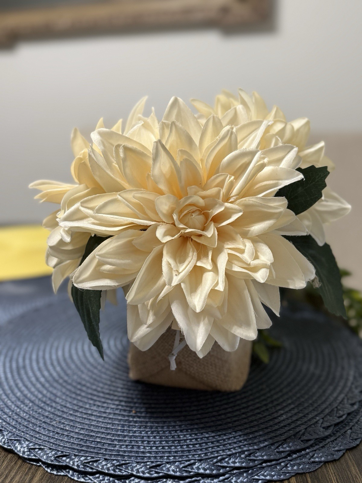 Cream Faux Dahlia Floral Arrangement Burlap Wrapped Vase Farmhouse Decor