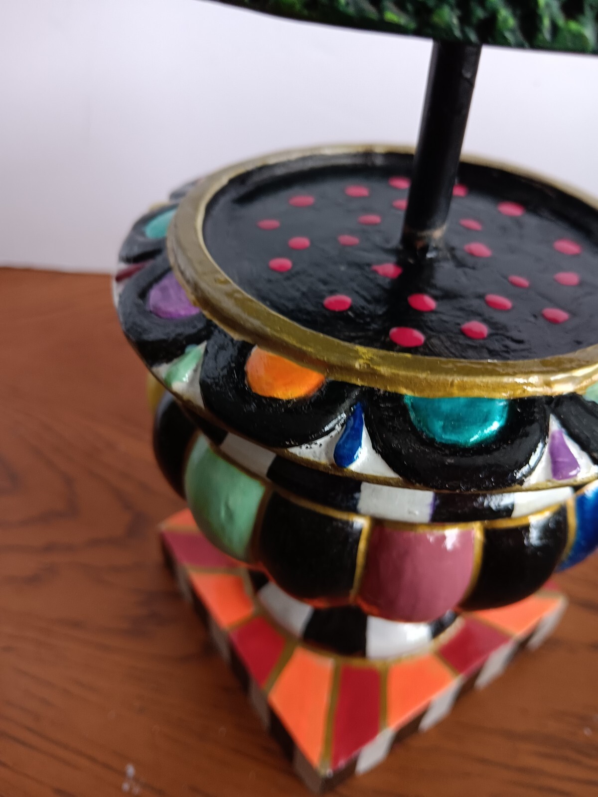 Whimsical Hand Painted Topiary w/ silk roses in Colorful Urn