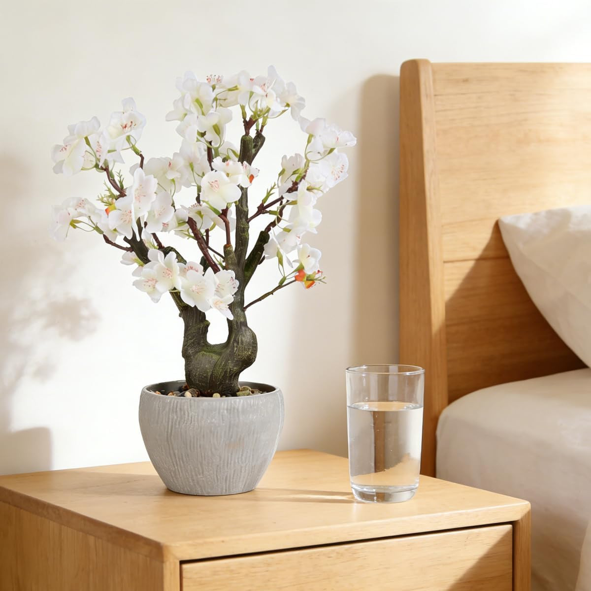 Realistic White Cherry Blossom Bonsai Tree – 15.7″ Potted Floral Decor