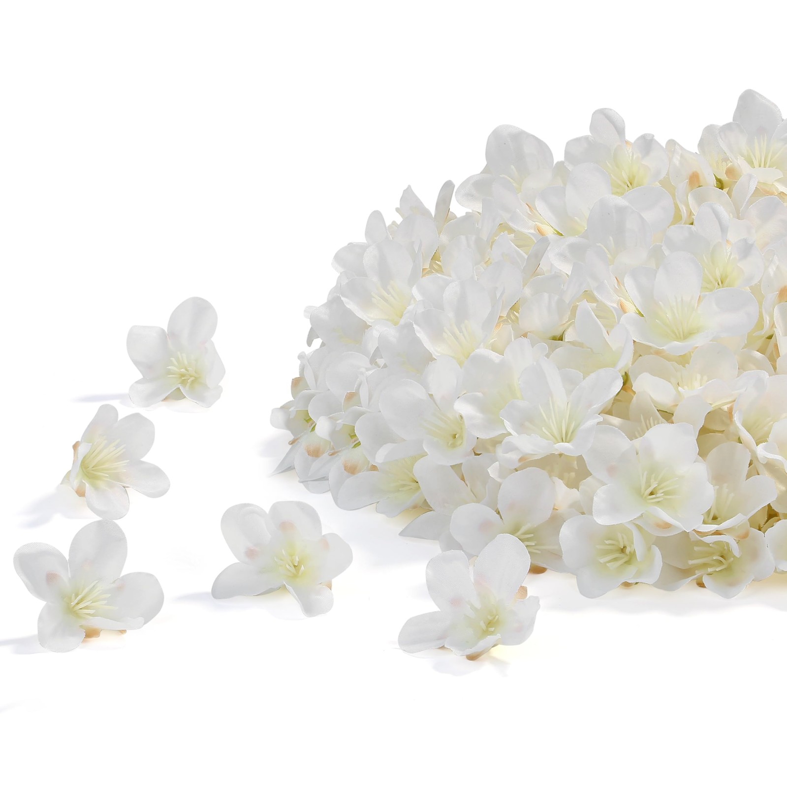 100 PCS Mini White Cherry Blossom Head Artificial Fake Silk Flower DIY 1.6″
