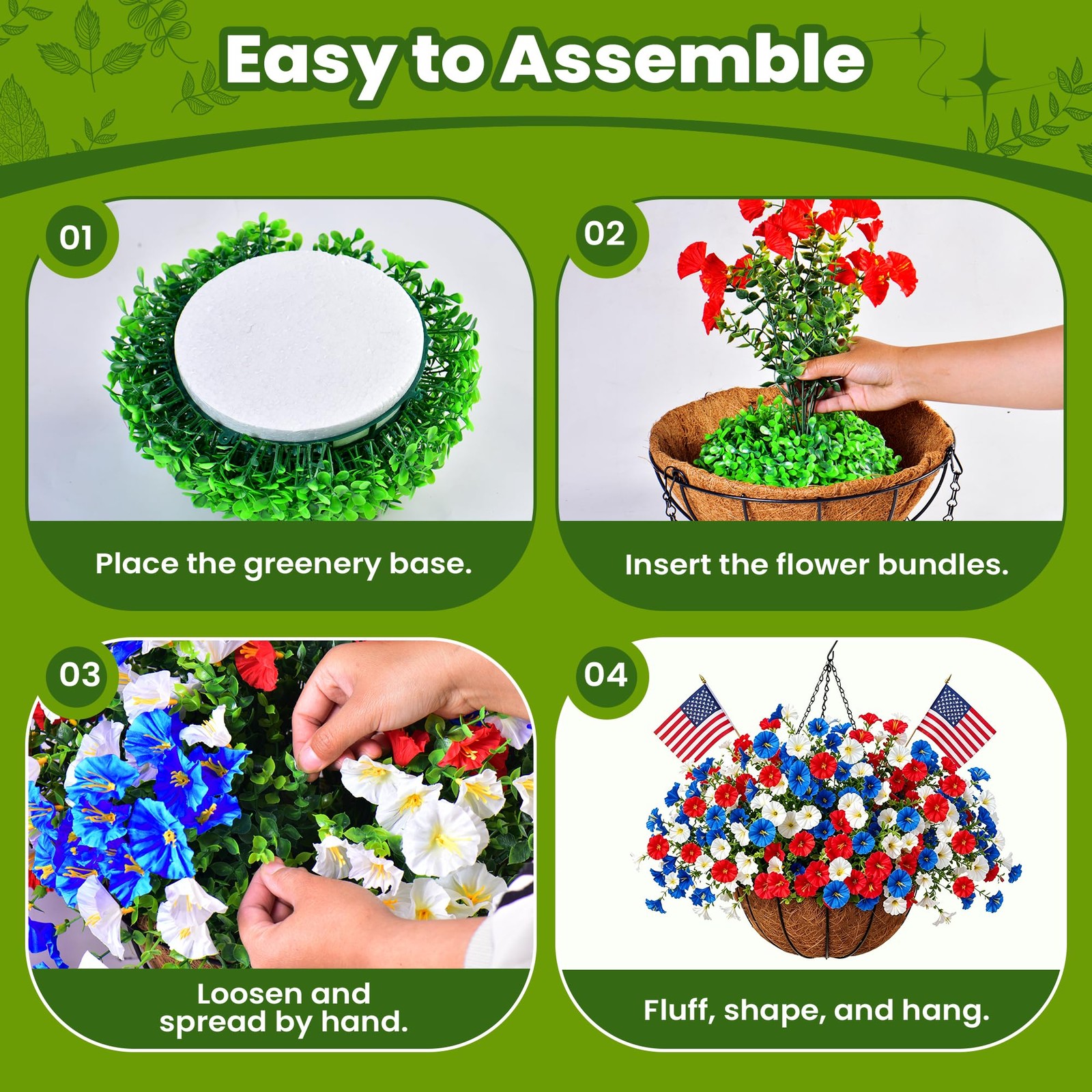 Artificial Hanging Flower Baskets, Red, White, and Blue Patriotic Faux Flower…
