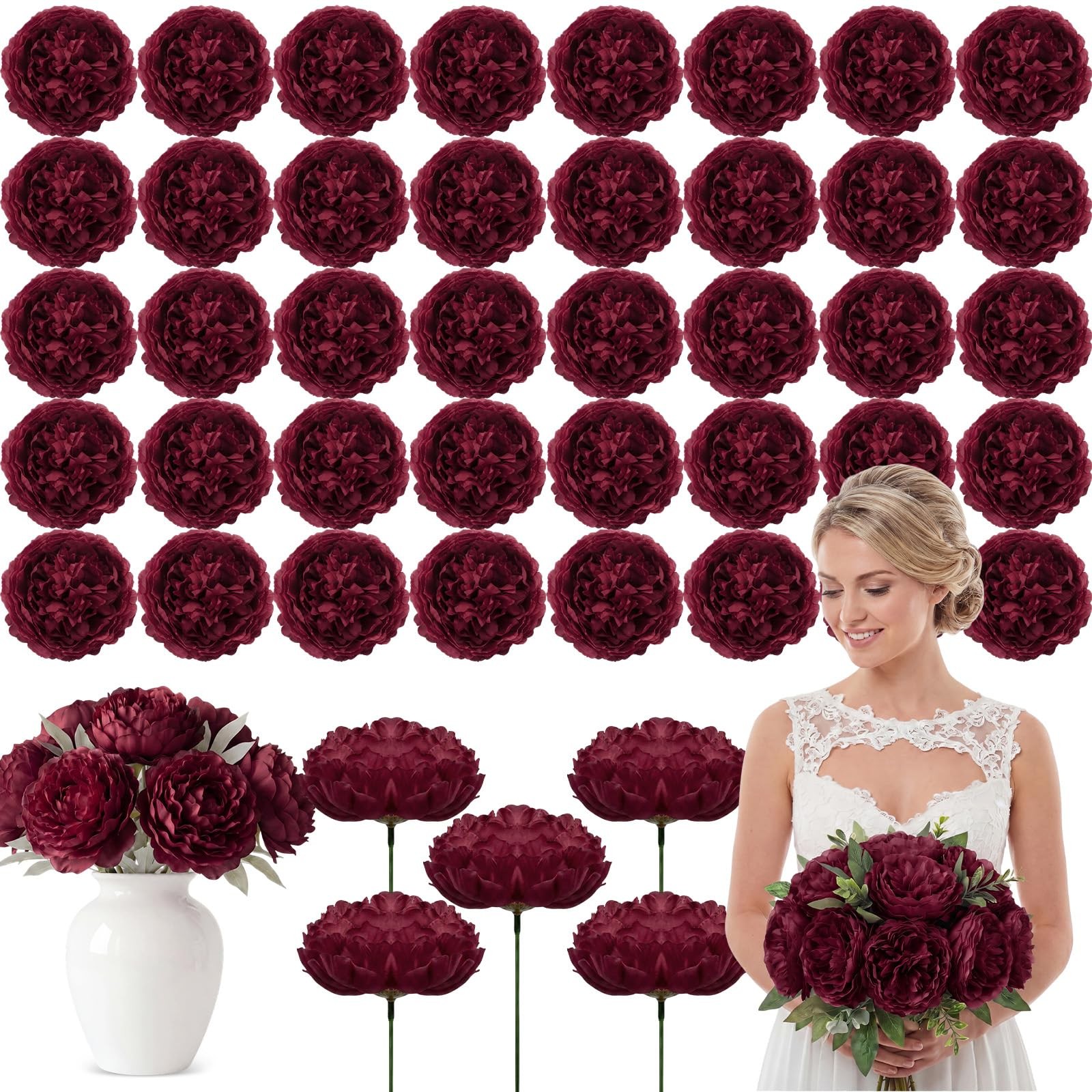 50 PCS 4.7 Inch Artificial Burgundy Peony Rose Heads Fake Flower Decor