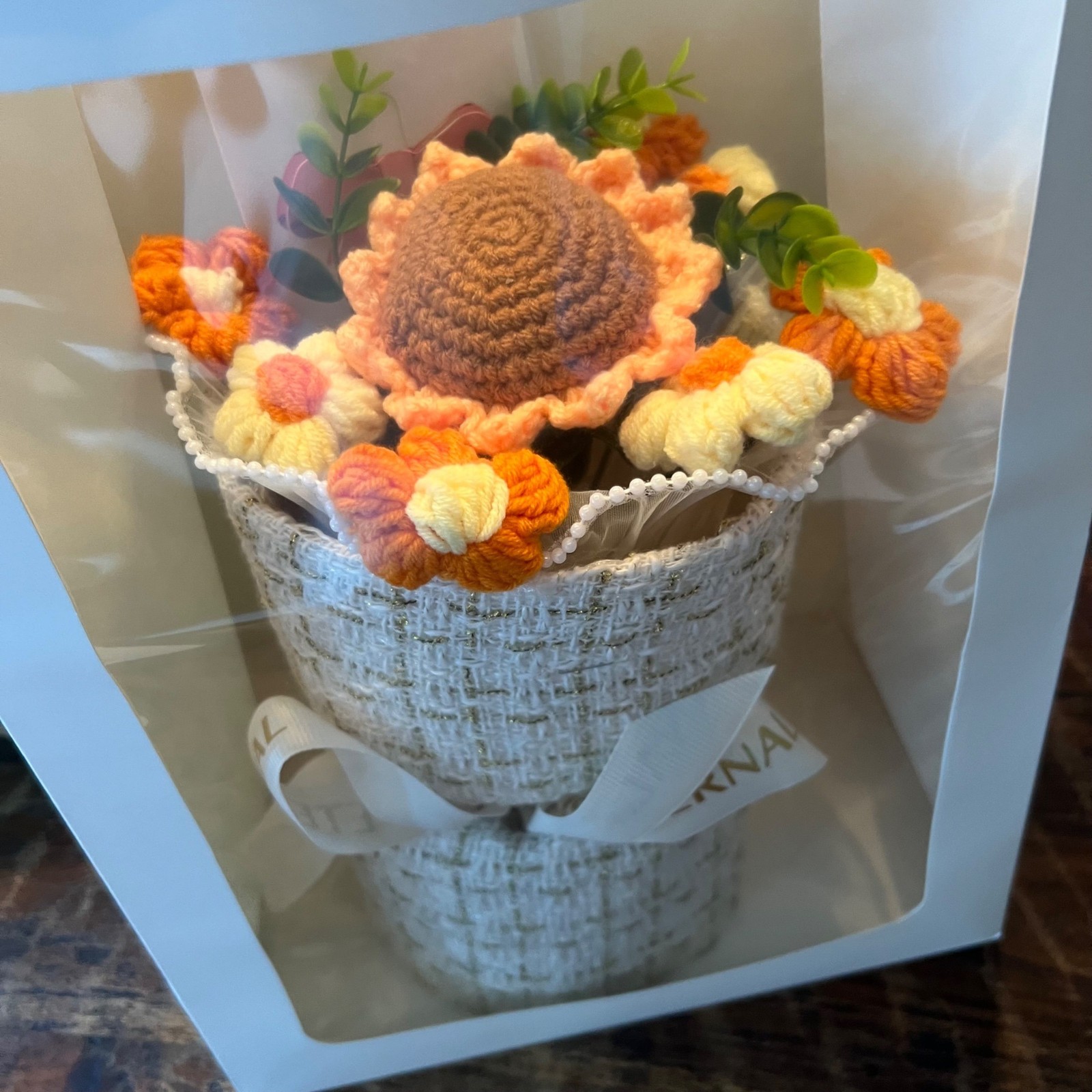 Crochet Flower Bouquet Gift With Orange & Yellow Blooms In Tweed Wrap & Gift Bag