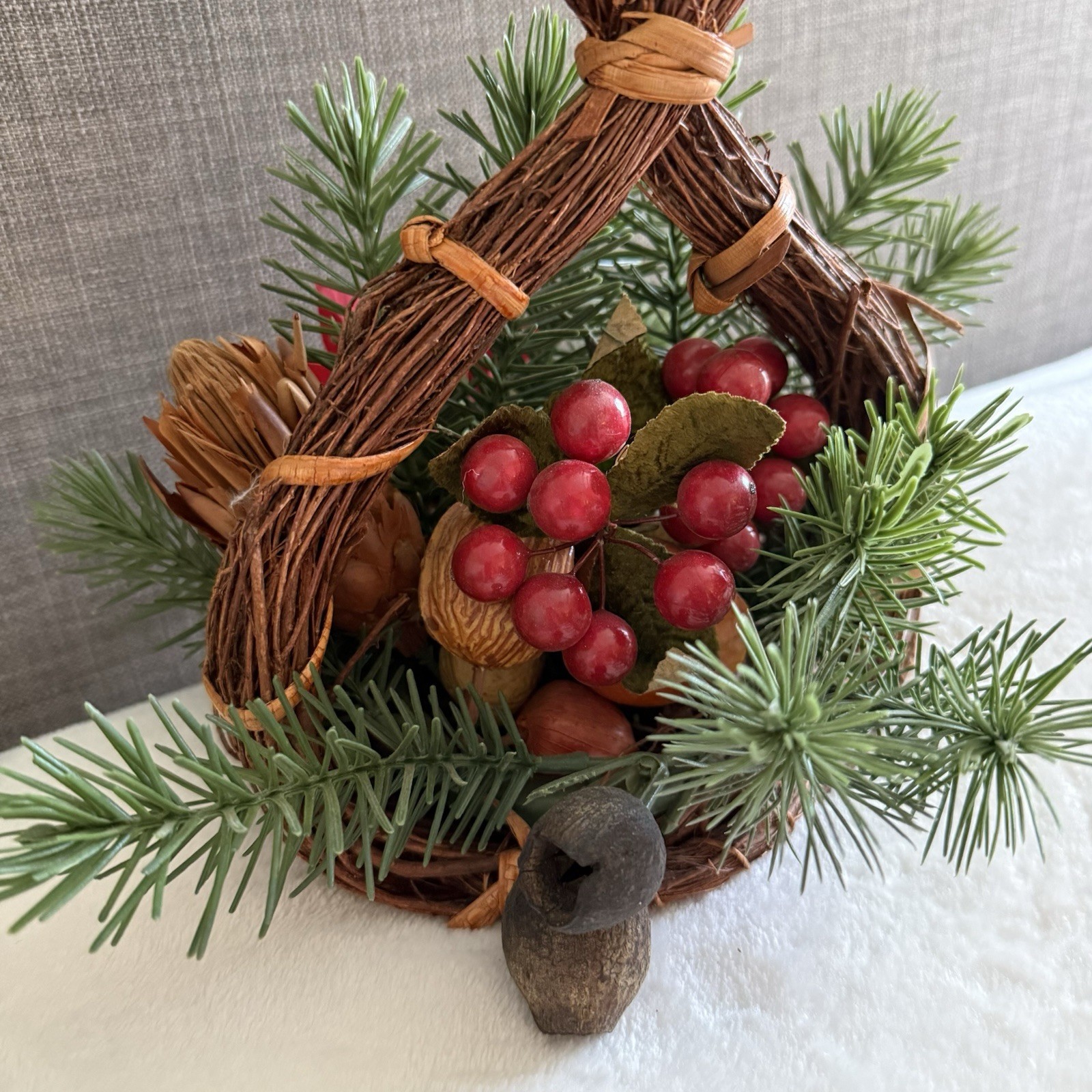 Artificial Christmas Centerpiece Table Top Decoration Poinsettia Nuts VTG Rustic